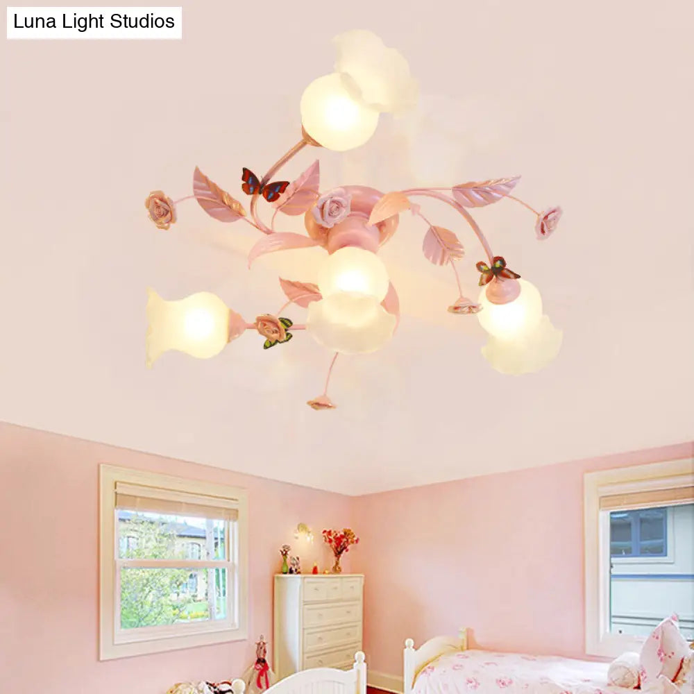 Semi Flush Mount Spiral Ceiling Light Fixture with 4/7 Bulbs, Traditional Pink Satin Opal Glass, Ideal for Bedroom Lighting