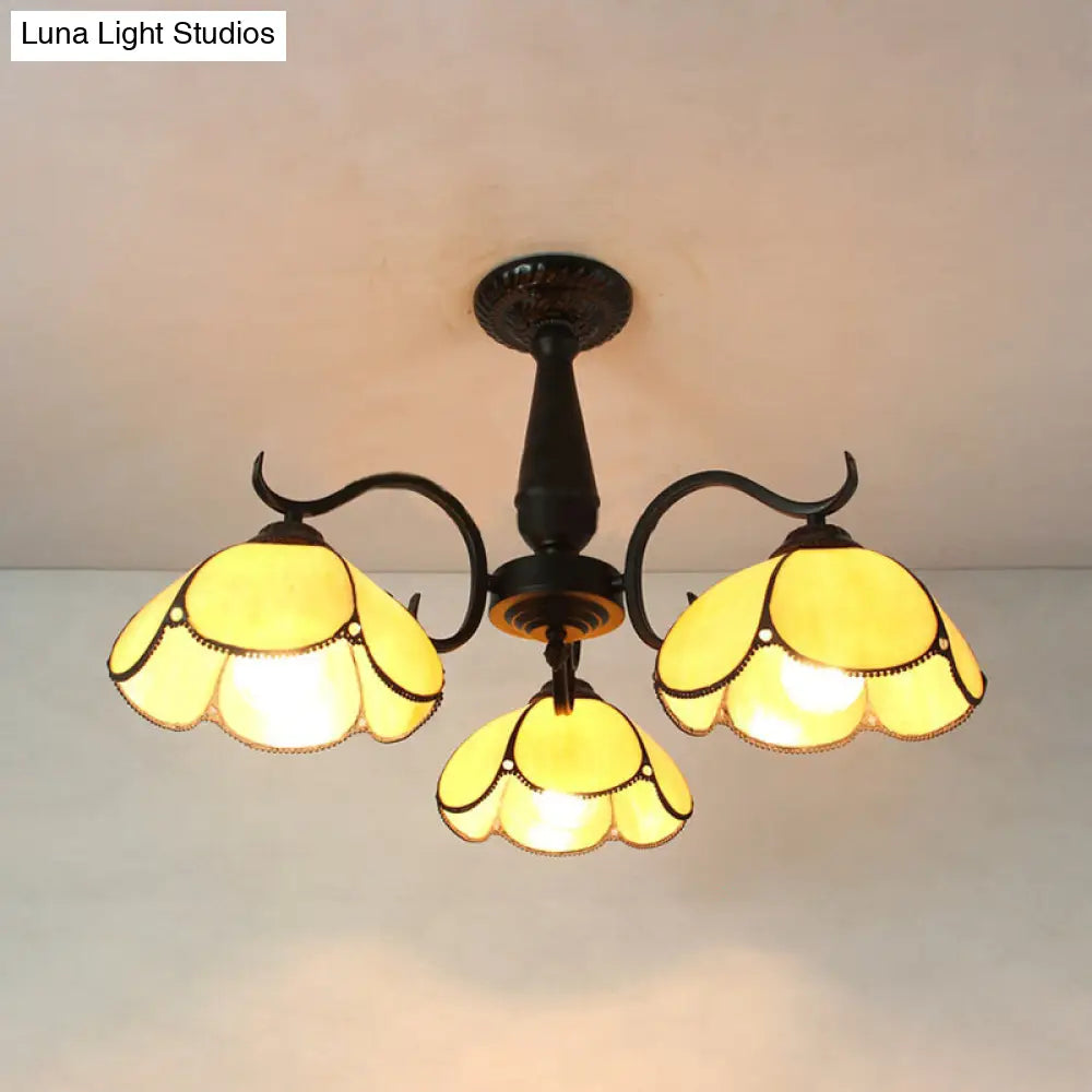 DecorBites™ DecorBites™ Semi Flush Mount Stained Glass Ceiling Light Fixture with 3 Domed Retro Style Heads - Beige/Clear/Blue for Foyer