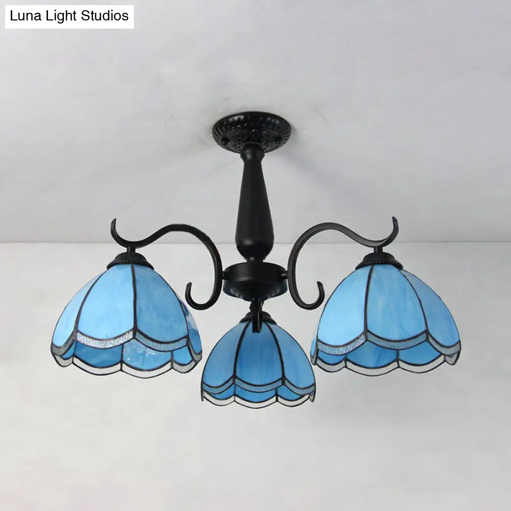 DecorBites™ DecorBites™ Semi Flush Mount Stained Glass Ceiling Light Fixture with 3 Domed Retro Style Heads - Beige/Clear/Blue for Foyer