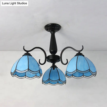 DecorBites™ DecorBites™ Semi Flush Mount Stained Glass Ceiling Light Fixture with 3 Domed Retro Style Heads - Beige/Clear/Blue for Foyer