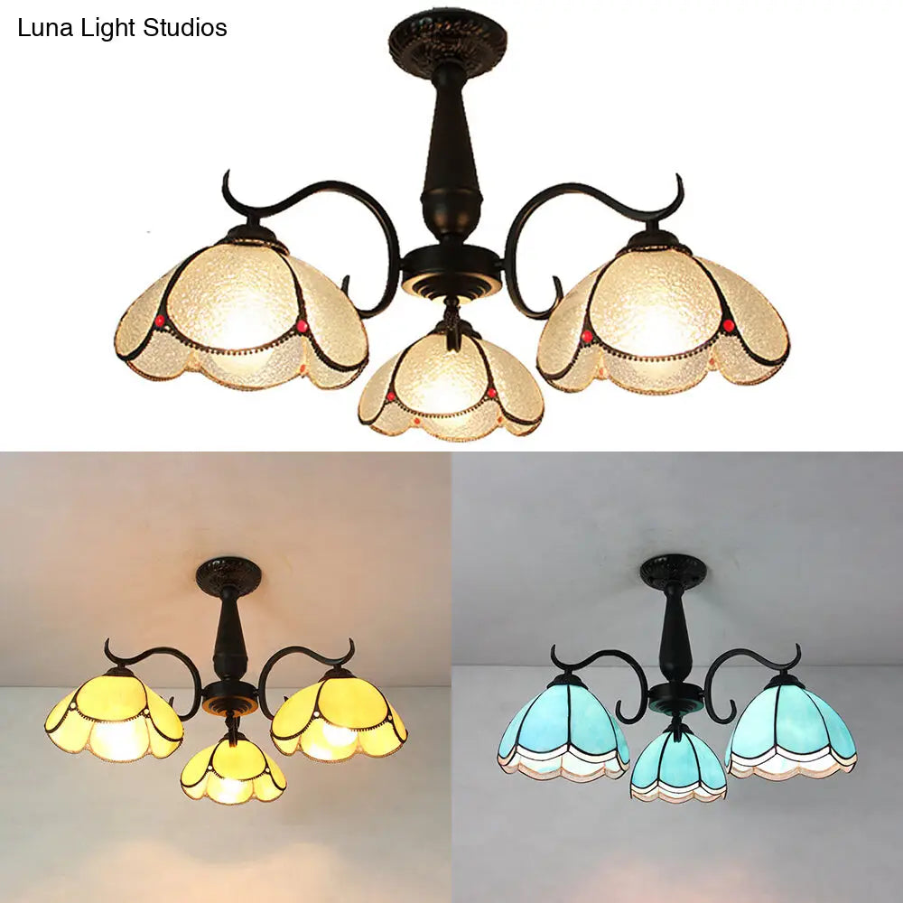 DecorBites™ DecorBites™ Semi Flush Mount Stained Glass Ceiling Light Fixture with 3 Domed Retro Style Heads - Beige/Clear/Blue for Foyer