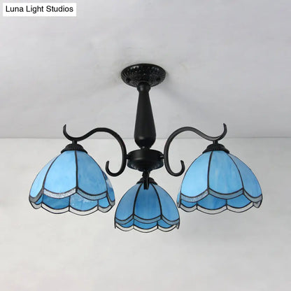 DecorBites™ DecorBites™ Semi Flush Mount Stained Glass Ceiling Light Fixture with 3 Domed Retro Style Heads - Beige/Clear/Blue for Foyer