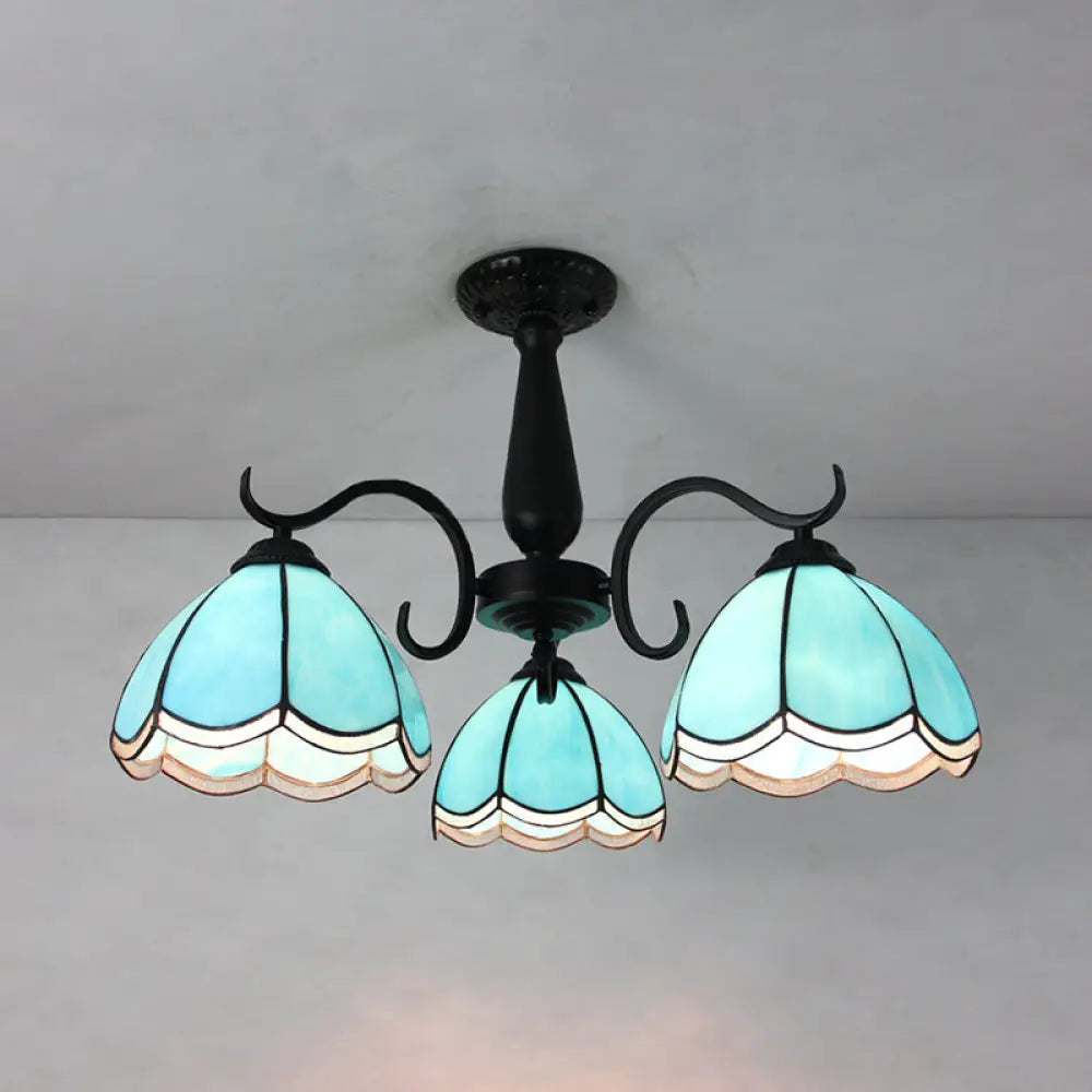 DecorBites™ DecorBites™ Semi Flush Mount Stained Glass Ceiling Light Fixture with 3 Domed Retro Style Heads - Beige/Clear/Blue for Foyer