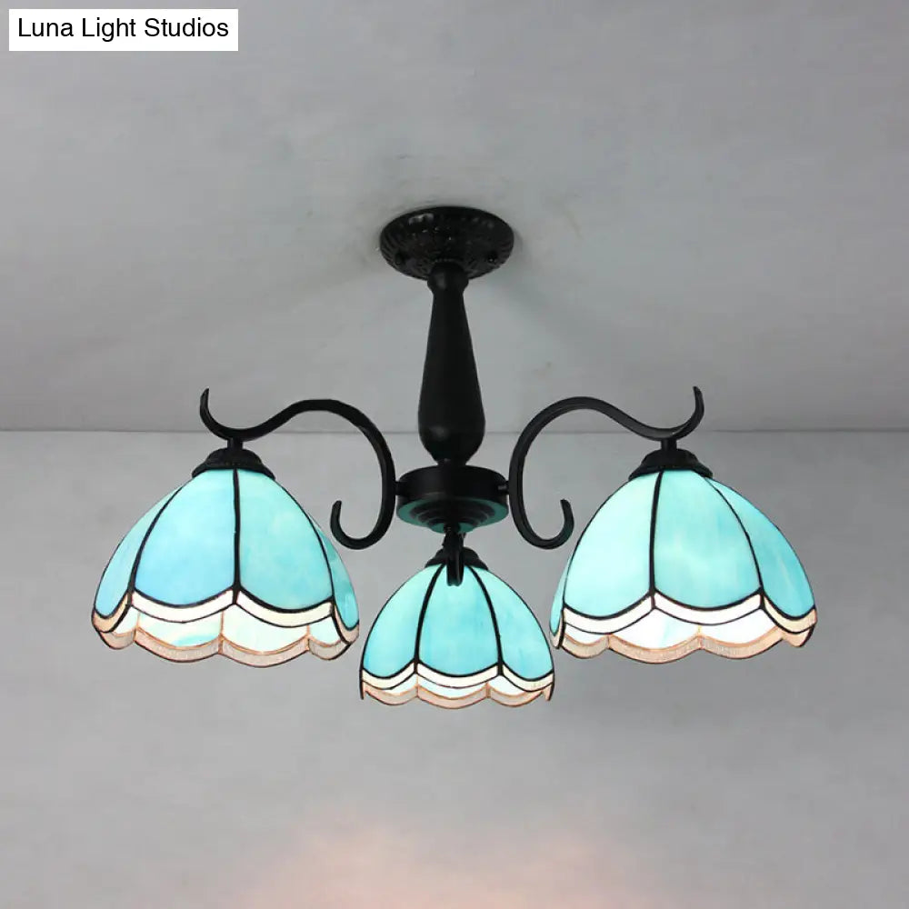 DecorBites™ DecorBites™ Semi Flush Mount Stained Glass Ceiling Light Fixture with 3 Domed Retro Style Heads - Beige/Clear/Blue for Foyer