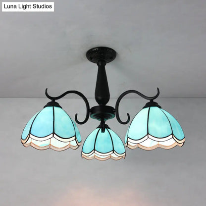DecorBites™ DecorBites™ Semi Flush Mount Stained Glass Ceiling Light Fixture with 3 Domed Retro Style Heads - Beige/Clear/Blue for Foyer