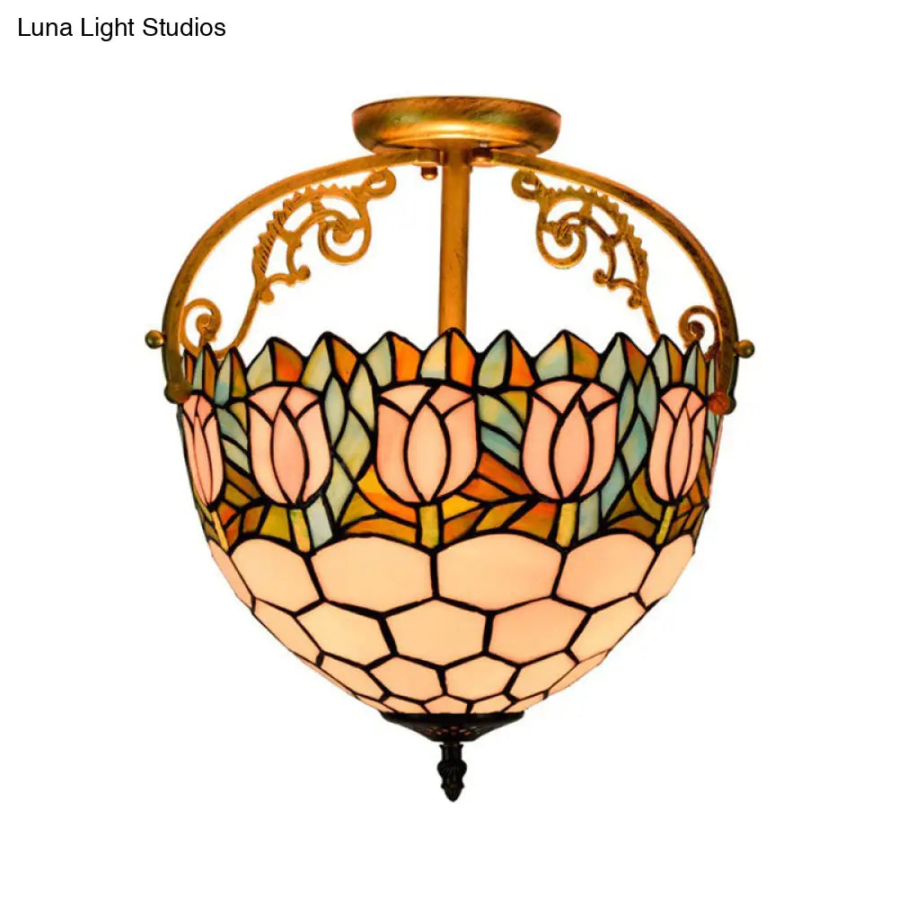 Semi-Flush Mount Tiffany Stained Glass Ceiling Light Fixture - Floral Design, 2 Lights, Beige - Ideal for Kitchen