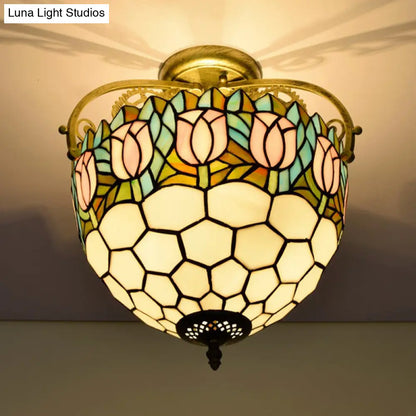 Semi-Flush Mount Tiffany Stained Glass Ceiling Light Fixture - Floral Design, 2 Lights, Beige - Ideal for Kitchen