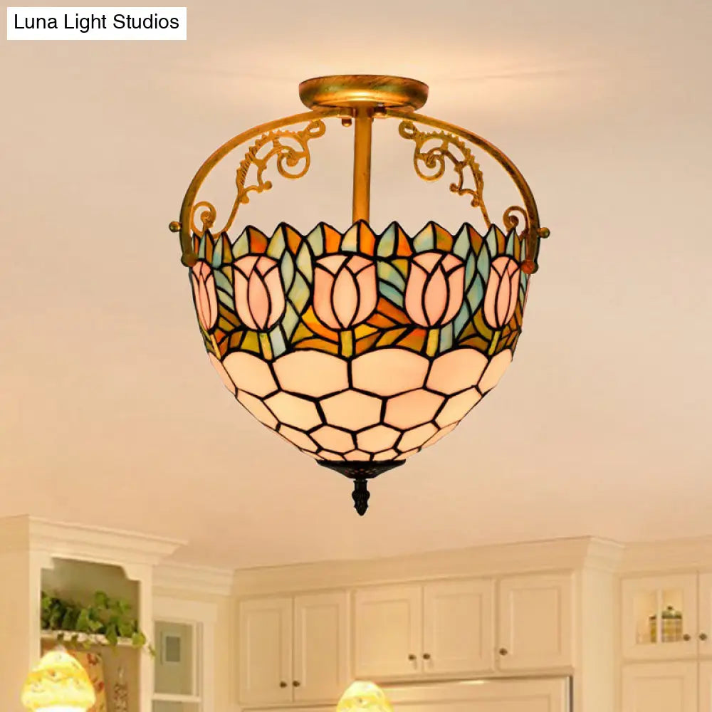 Semi-Flush Mount Tiffany Stained Glass Ceiling Light Fixture - Floral Design, 2 Lights, Beige - Ideal for Kitchen