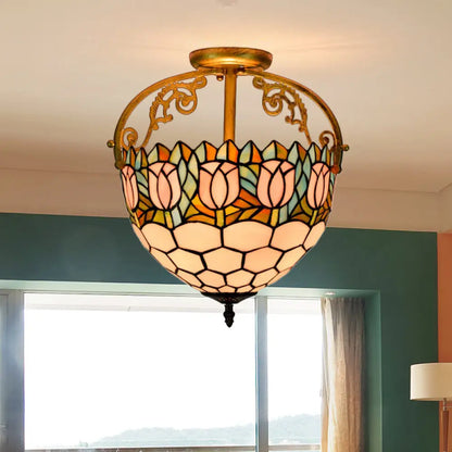 Semi-Flush Mount Tiffany Stained Glass Ceiling Light Fixture - Floral Design, 2 Lights, Beige - Ideal for Kitchen