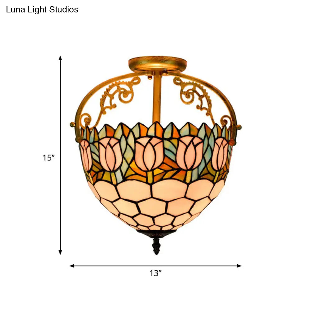 Semi-Flush Mount Tiffany Stained Glass Ceiling Light Fixture - Floral Design, 2 Lights, Beige - Ideal for Kitchen