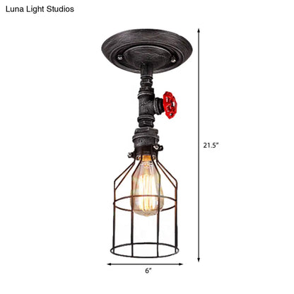 DecorBites™ DecorBites™ Semi Flush Mount Warehouse Wire Cage Light with Valve Wheel - 1 Bulb Wrought Iron Ceiling Lighting, Aged Silver Finish