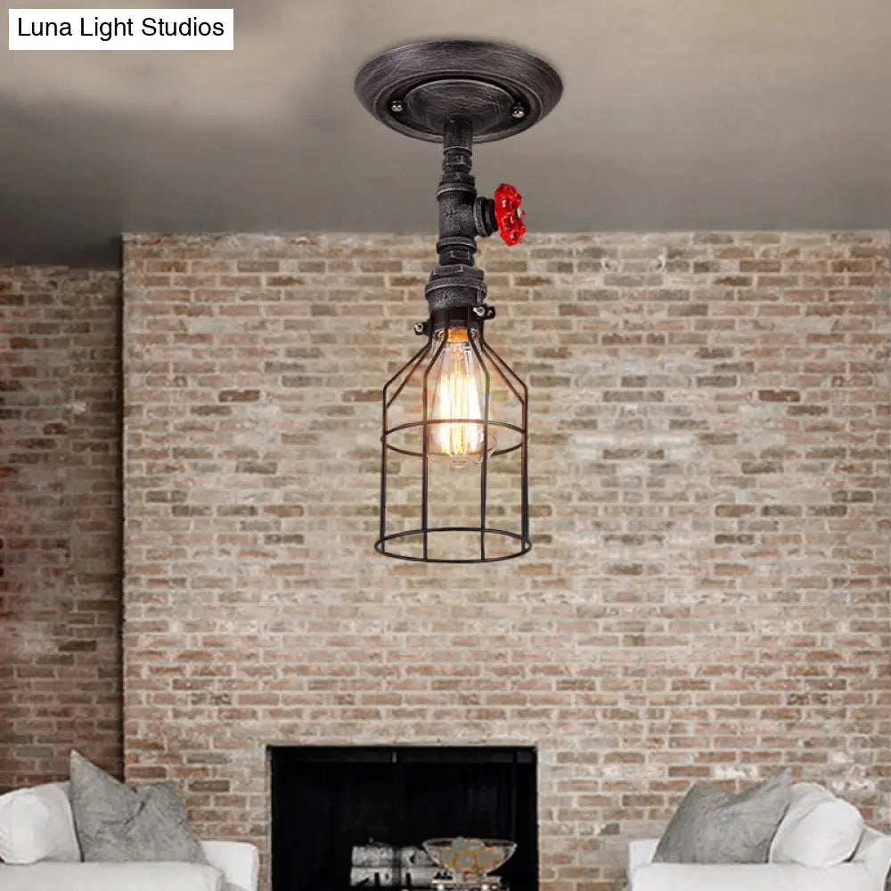 DecorBites™ DecorBites™ Semi Flush Mount Warehouse Wire Cage Light with Valve Wheel - 1 Bulb Wrought Iron Ceiling Lighting, Aged Silver Finish