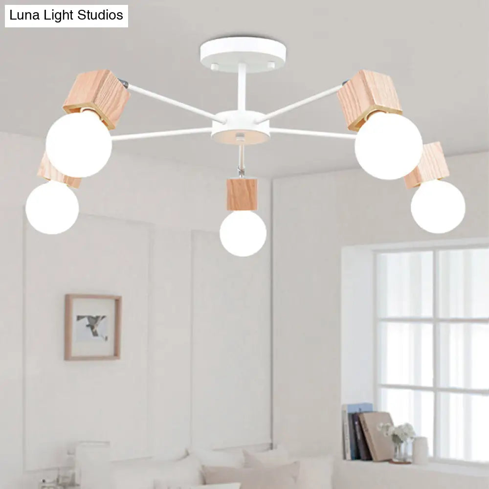 DecorBites™ DecorBites™ Semi-Flush Open Bulb Ceiling Light with Square Loft Style Design - 3/5 Heads, Wood Metallic Mount Chandelier