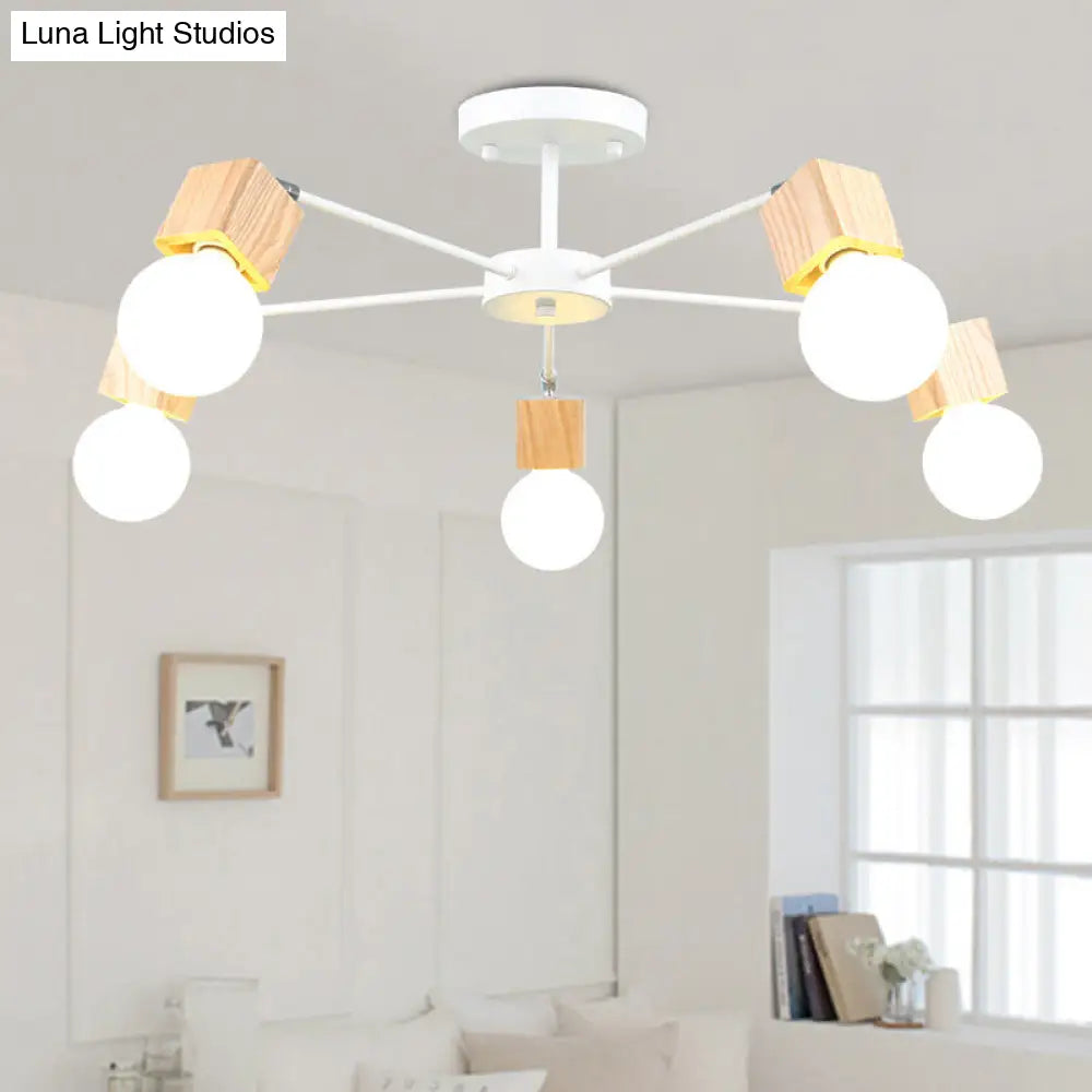 DecorBites™ DecorBites™ Semi-Flush Open Bulb Ceiling Light with Square Loft Style Design - 3/5 Heads, Wood Metallic Mount Chandelier