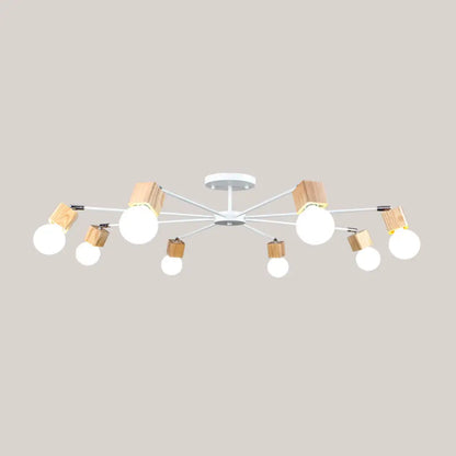 DecorBites™ DecorBites™ Semi-Flush Open Bulb Ceiling Light with Square Loft Style Design - 3/5 Heads, Wood Metallic Mount Chandelier