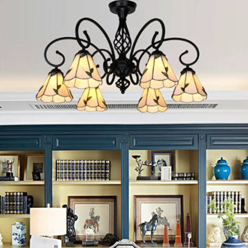 DecorBites™ DecorBites™ Semi Flush Tiffany Lighting with Curved Arm - Choose from 3, 5, or 6 Lights, Stained Glass in White, Yellow, Blue, or Green for Living Room