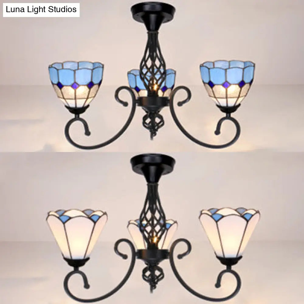 DecorBites™ DecorBites™ Semi Flush Tiffany Lighting with Curved Arm - Choose from 3, 5, or 6 Lights, Stained Glass in White, Yellow, Blue, or Green for Living Room