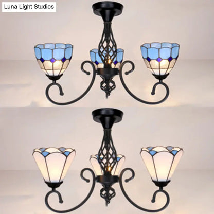 DecorBites™ DecorBites™ Semi Flush Tiffany Lighting with Curved Arm - Choose from 3, 5, or 6 Lights, Stained Glass in White, Yellow, Blue, or Green for Living Room