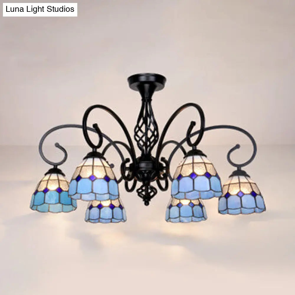 DecorBites™ DecorBites™ Semi Flush Tiffany Lighting with Curved Arm - Choose from 3, 5, or 6 Lights, Stained Glass in White, Yellow, Blue, or Green for Living Room