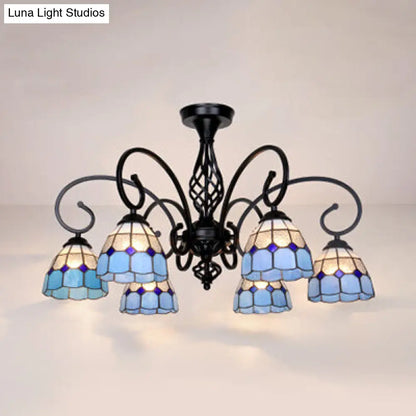 DecorBites™ DecorBites™ Semi Flush Tiffany Lighting with Curved Arm - Choose from 3, 5, or 6 Lights, Stained Glass in White, Yellow, Blue, or Green for Living Room