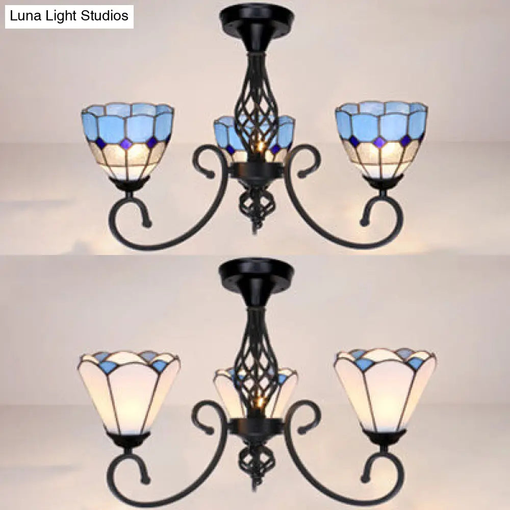 DecorBites™ DecorBites™ Semi Flush Tiffany Lighting with Curved Arm - Choose from 3, 5, or 6 Lights, Stained Glass in White, Yellow, Blue, or Green for Living Room