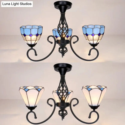 DecorBites™ DecorBites™ Semi Flush Tiffany Lighting with Curved Arm - Choose from 3, 5, or 6 Lights, Stained Glass in White, Yellow, Blue, or Green for Living Room