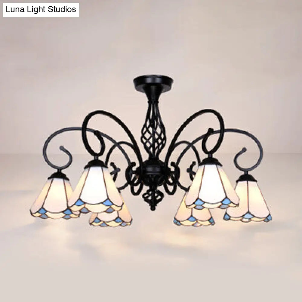 DecorBites™ DecorBites™ Semi Flush Tiffany Lighting with Curved Arm - Choose from 3, 5, or 6 Lights, Stained Glass in White, Yellow, Blue, or Green for Living Room