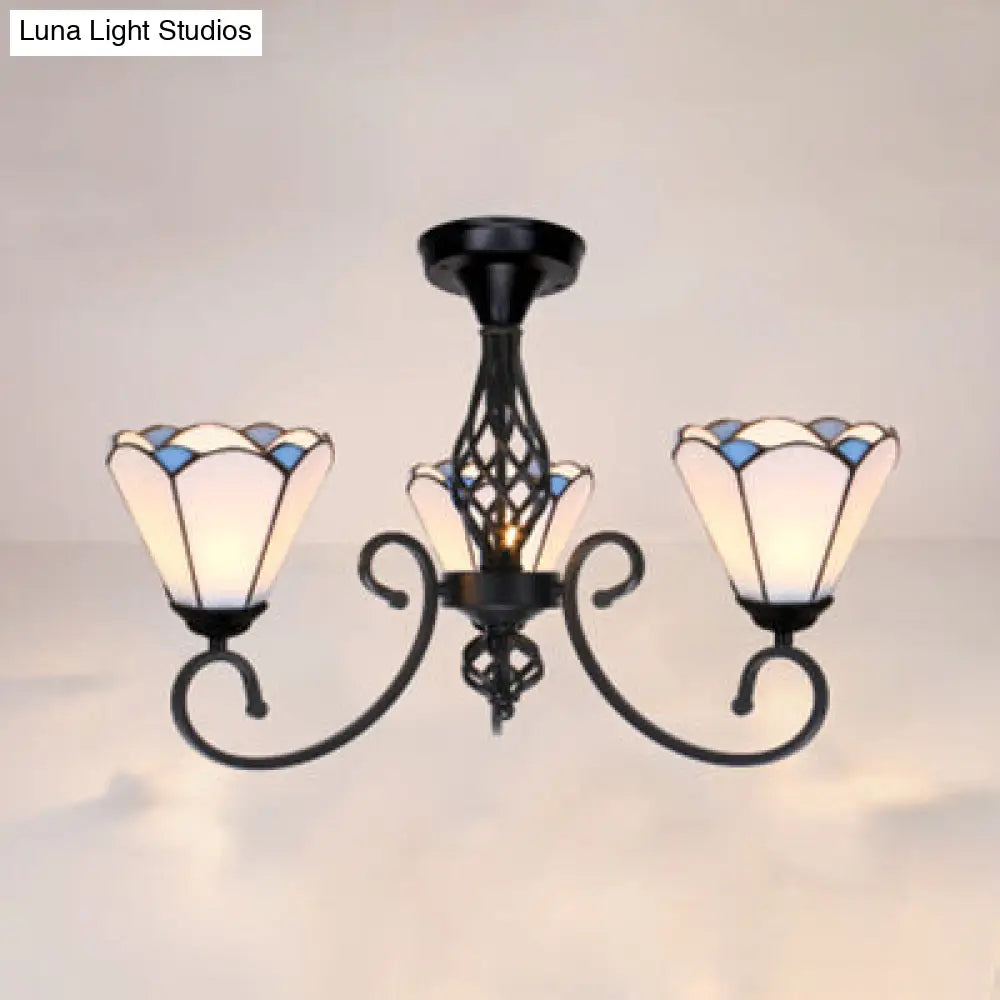 DecorBites™ DecorBites™ Semi Flush Tiffany Lighting with Curved Arm - Choose from 3, 5, or 6 Lights, Stained Glass in White, Yellow, Blue, or Green for Living Room