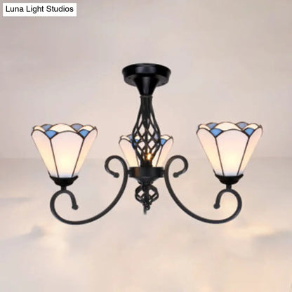 DecorBites™ DecorBites™ Semi Flush Tiffany Lighting with Curved Arm - Choose from 3, 5, or 6 Lights, Stained Glass in White, Yellow, Blue, or Green for Living Room