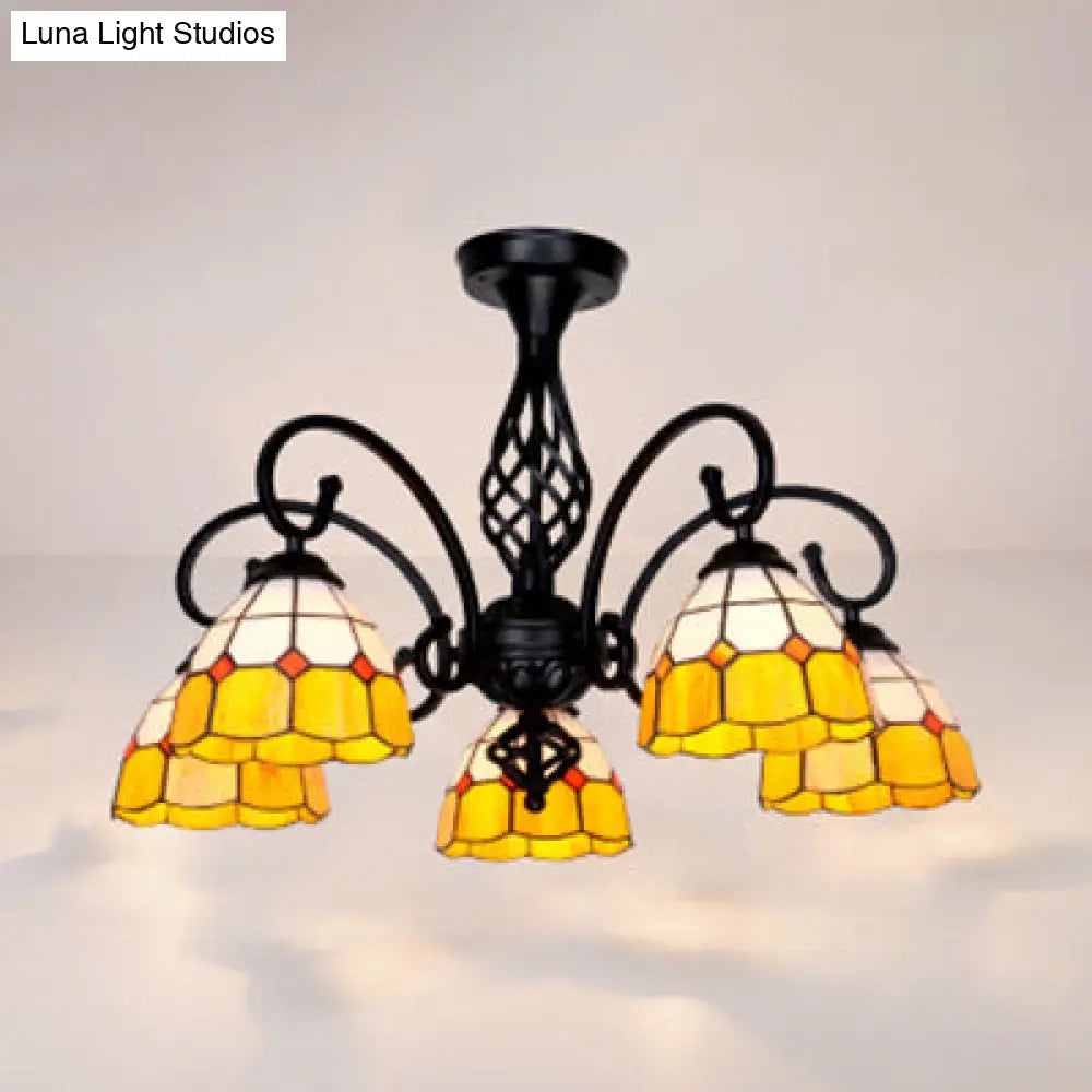 DecorBites™ DecorBites™ Semi Flush Tiffany Lighting with Curved Arm - Choose from 3, 5, or 6 Lights, Stained Glass in White, Yellow, Blue, or Green for Living Room