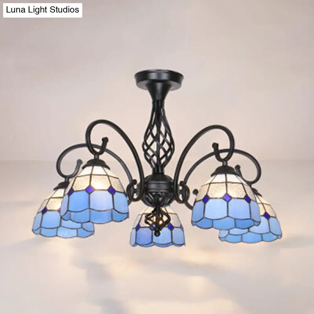 DecorBites™ DecorBites™ Semi Flush Tiffany Lighting with Curved Arm - Choose from 3, 5, or 6 Lights, Stained Glass in White, Yellow, Blue, or Green for Living Room