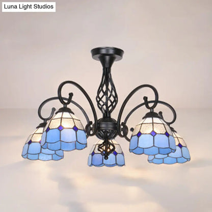 DecorBites™ DecorBites™ Semi Flush Tiffany Lighting with Curved Arm - Choose from 3, 5, or 6 Lights, Stained Glass in White, Yellow, Blue, or Green for Living Room