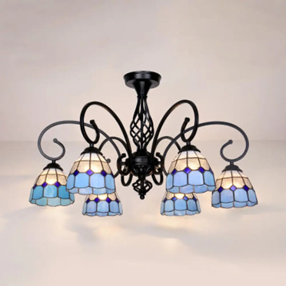 DecorBites™ DecorBites™ Semi Flush Tiffany Lighting with Curved Arm - Choose from 3, 5, or 6 Lights, Stained Glass in White, Yellow, Blue, or Green for Living Room
