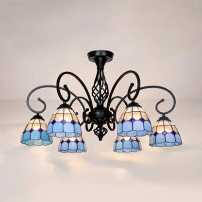 DecorBites™ DecorBites™ Semi Flush Tiffany Lighting with Curved Arm - Choose from 3, 5, or 6 Lights, Stained Glass in White, Yellow, Blue, or Green for Living Room