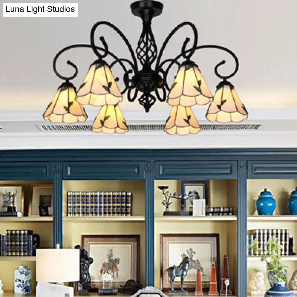 DecorBites™ DecorBites™ Semi Flush Tiffany Lighting with Curved Arm - Choose from 3, 5, or 6 Lights, Stained Glass in White, Yellow, Blue, or Green for Living Room