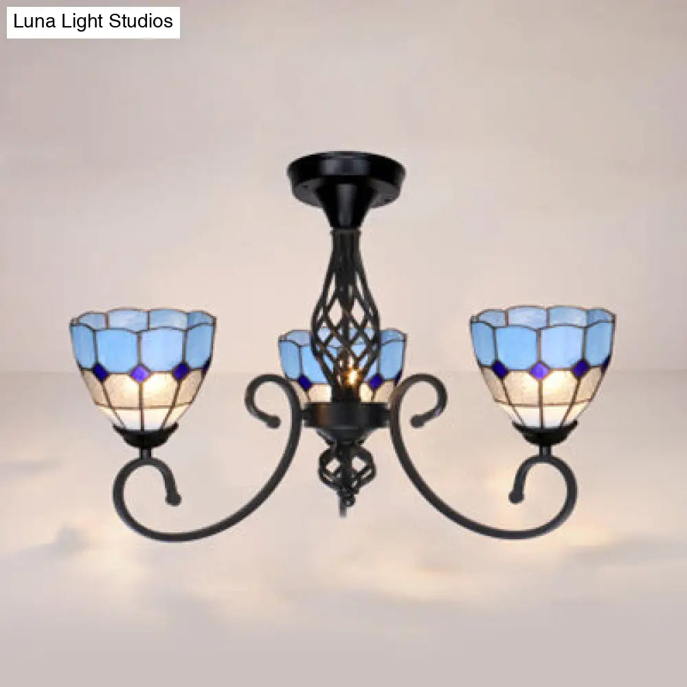 DecorBites™ DecorBites™ Semi Flush Tiffany Lighting with Curved Arm - Choose from 3, 5, or 6 Lights, Stained Glass in White, Yellow, Blue, or Green for Living Room