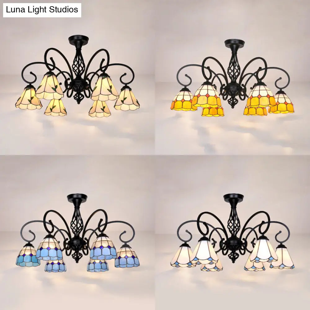 DecorBites™ DecorBites™ Semi Flush Tiffany Lighting with Curved Arm - Choose from 3, 5, or 6 Lights, Stained Glass in White, Yellow, Blue, or Green for Living Room