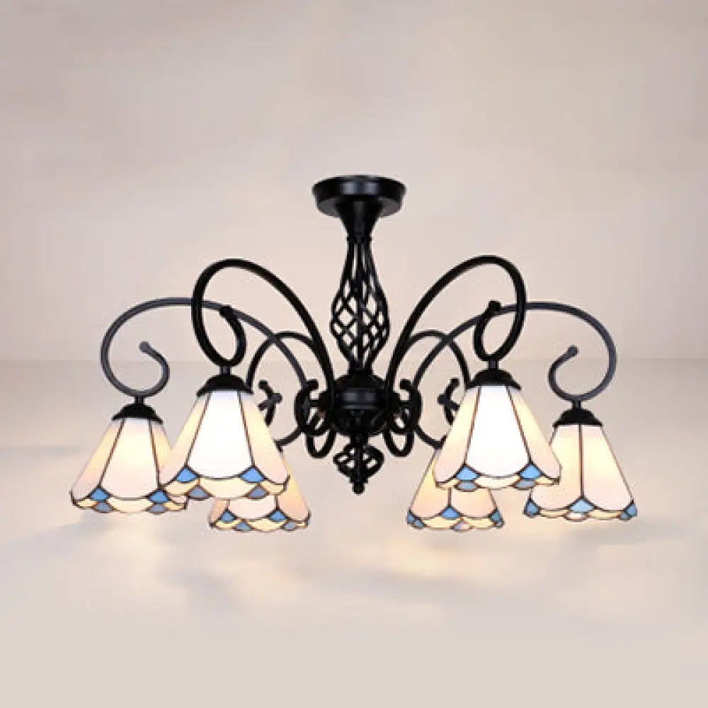DecorBites™ DecorBites™ Semi Flush Tiffany Lighting with Curved Arm - Choose from 3, 5, or 6 Lights, Stained Glass in White, Yellow, Blue, or Green for Living Room