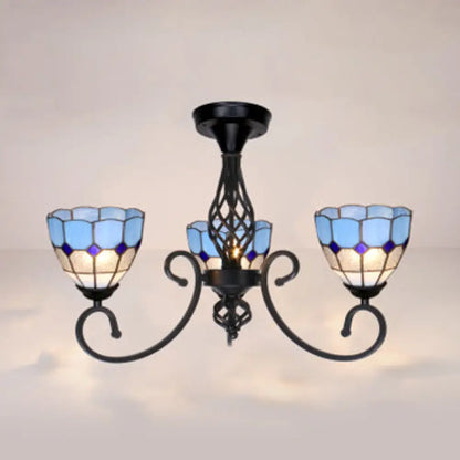DecorBites™ DecorBites™ Semi Flush Tiffany Lighting with Curved Arm - Choose from 3, 5, or 6 Lights, Stained Glass in White, Yellow, Blue, or Green for Living Room