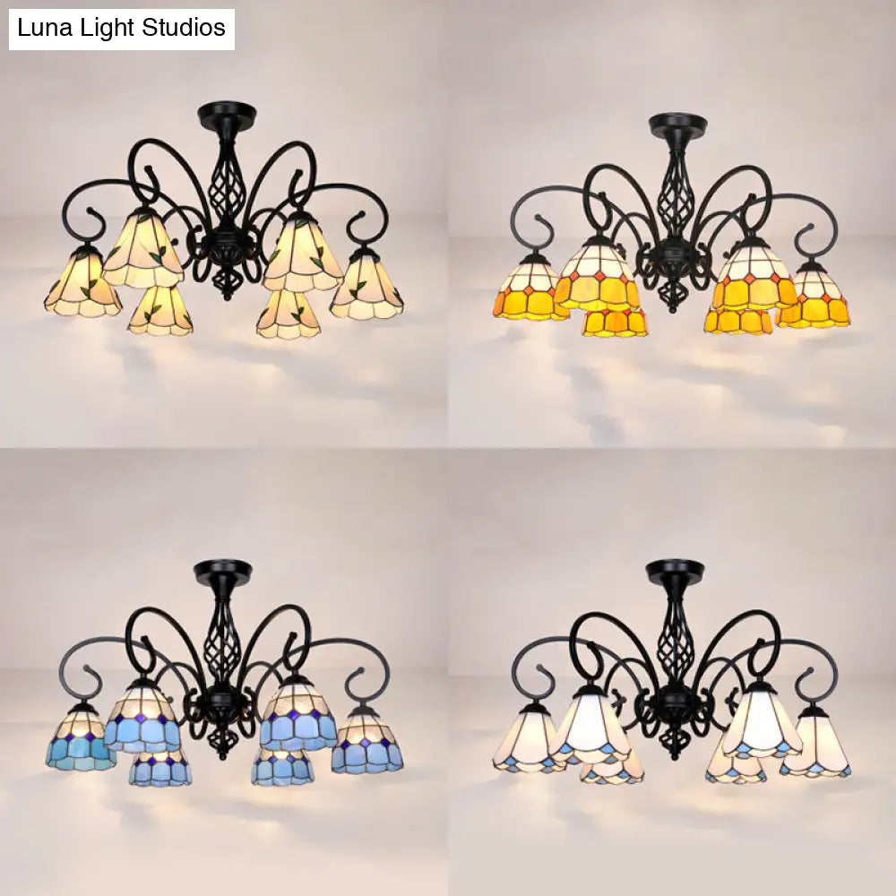 DecorBites™ DecorBites™ Semi Flush Tiffany Lighting with Curved Arm - Choose from 3, 5, or 6 Lights, Stained Glass in White, Yellow, Blue, or Green for Living Room