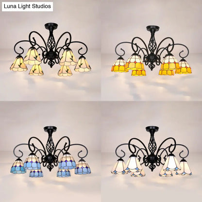 DecorBites™ DecorBites™ Semi Flush Tiffany Lighting with Curved Arm - Choose from 3, 5, or 6 Lights, Stained Glass in White, Yellow, Blue, or Green for Living Room