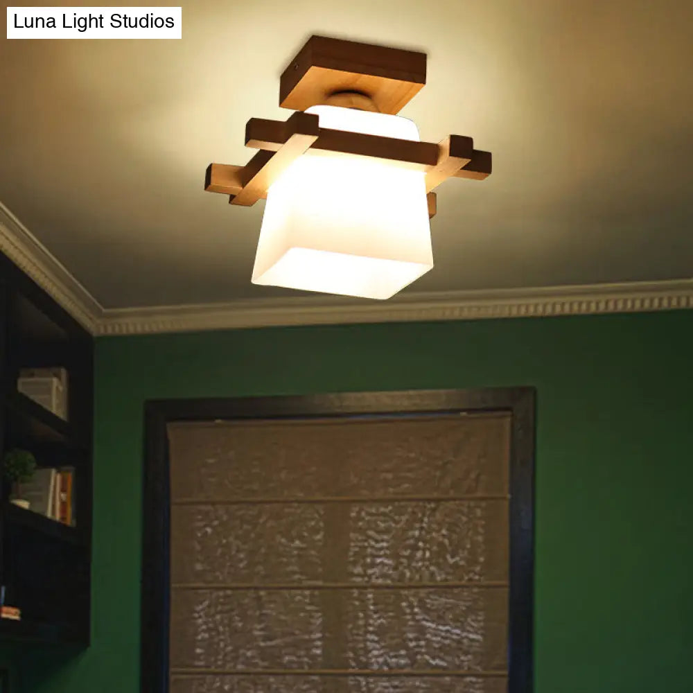 DecorBites™ DecorBites™ Semi Flush Wood Ceiling Lamp with Hand-Blown Milk Glass Shade for Balcony