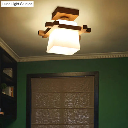 DecorBites™ DecorBites™ Semi Flush Wood Ceiling Lamp with Hand-Blown Milk Glass Shade for Balcony