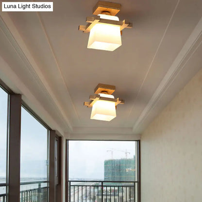 DecorBites™ DecorBites™ Semi Flush Wood Ceiling Lamp with Hand-Blown Milk Glass Shade for Balcony