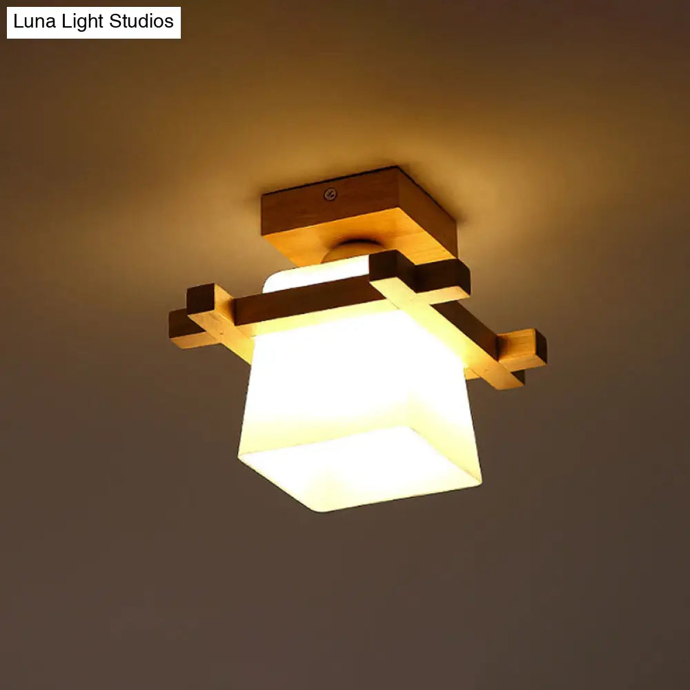 DecorBites™ DecorBites™ Semi Flush Wood Ceiling Lamp with Hand-Blown Milk Glass Shade for Balcony