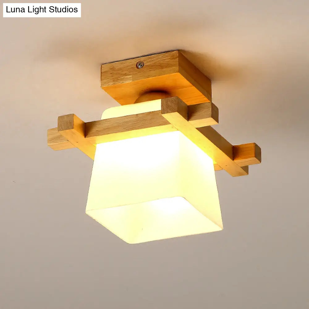 DecorBites™ DecorBites™ Semi Flush Wood Ceiling Lamp with Hand-Blown Milk Glass Shade for Balcony