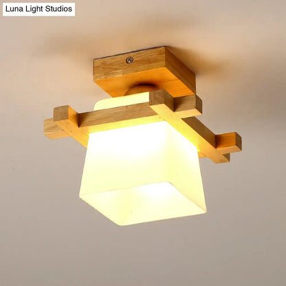 DecorBites™ DecorBites™ Semi Flush Wood Ceiling Lamp with Hand-Blown Milk Glass Shade for Balcony