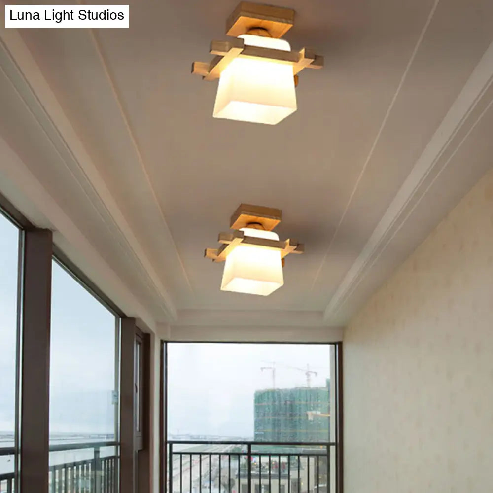DecorBites™ DecorBites™ Semi Flush Wood Ceiling Lamp with Hand-Blown Milk Glass Shade for Balcony
