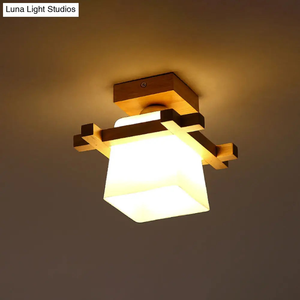 DecorBites™ DecorBites™ Semi Flush Wood Ceiling Lamp with Hand-Blown Milk Glass Shade for Balcony