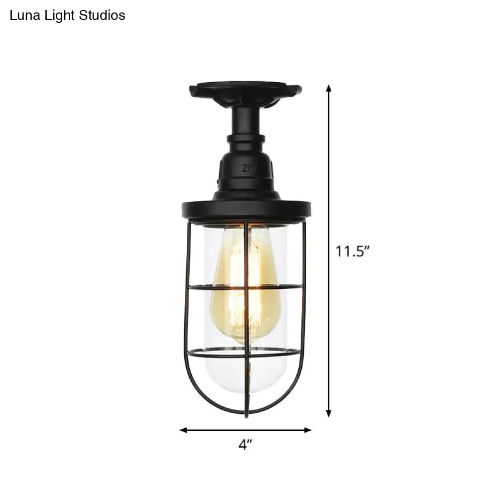 DecorBites™ DecorBites™ Semi Flushmount Antiqued Black Iron Ceiling Lamp with Clear Glass Shade